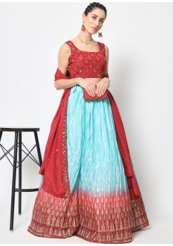 Red & Blue   Chinon Silk Designer Lehenga 